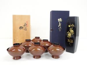 鳥羽硬忍　吸物椀6客・輪島塗花生　2点